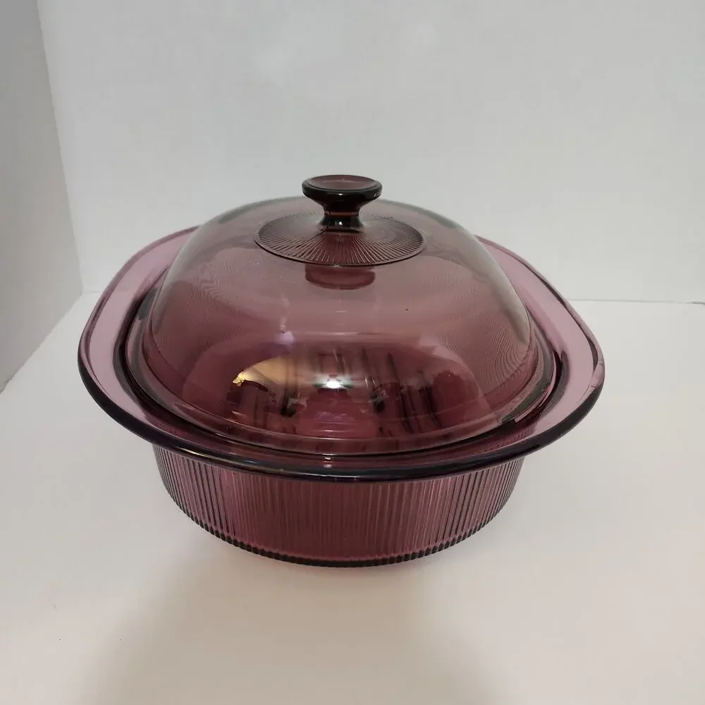 Vtg 4 Quart Cranberry Vision Corning Oval Roaster /Pyrex Lid 14.5 ×7 1/8 90's